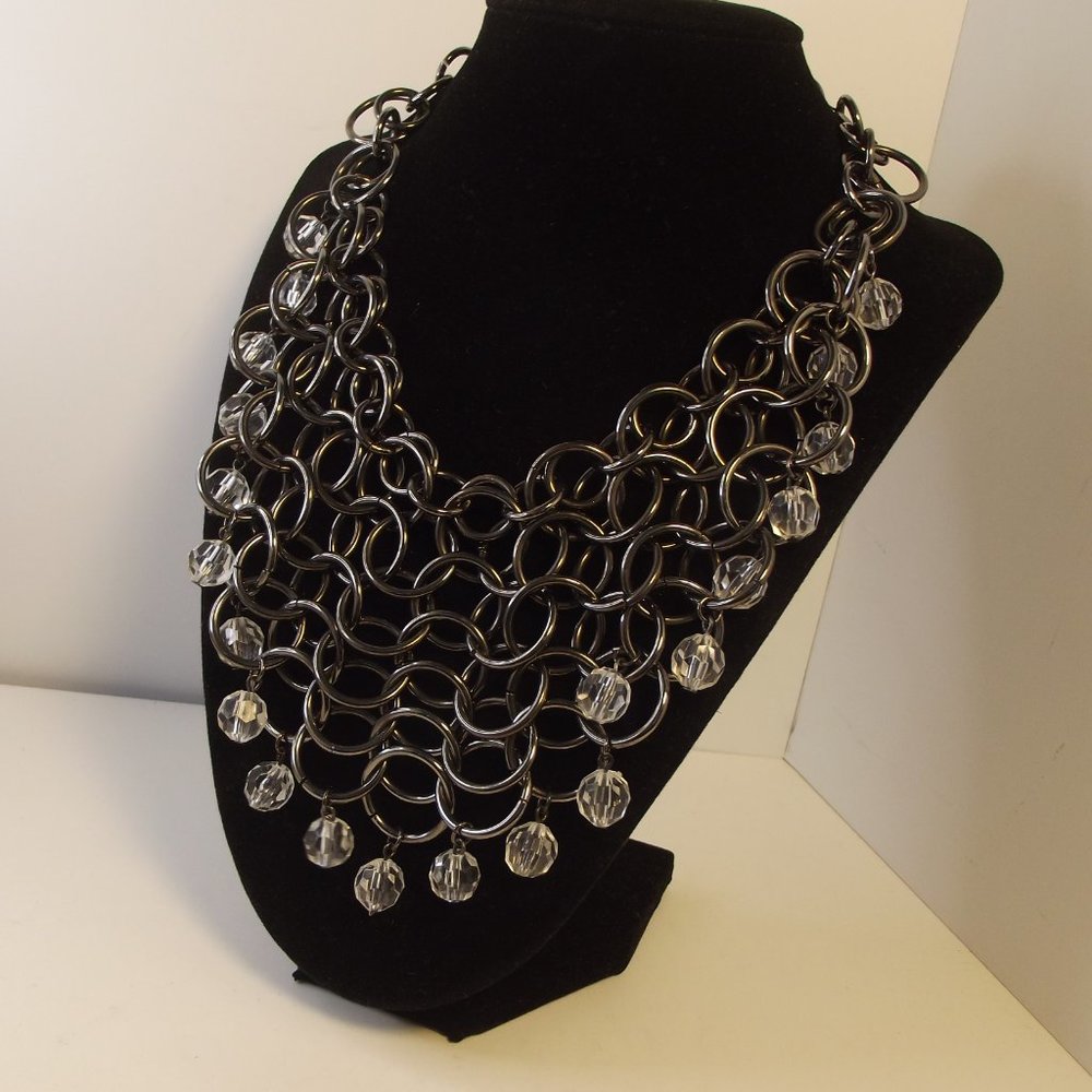 Bib Style Choker Necklace Dark Hematite Metal Tone hanging crystals
